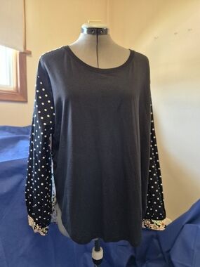 Maeve Black Long-Sleeve Top with White Polka-Dot Sleeves